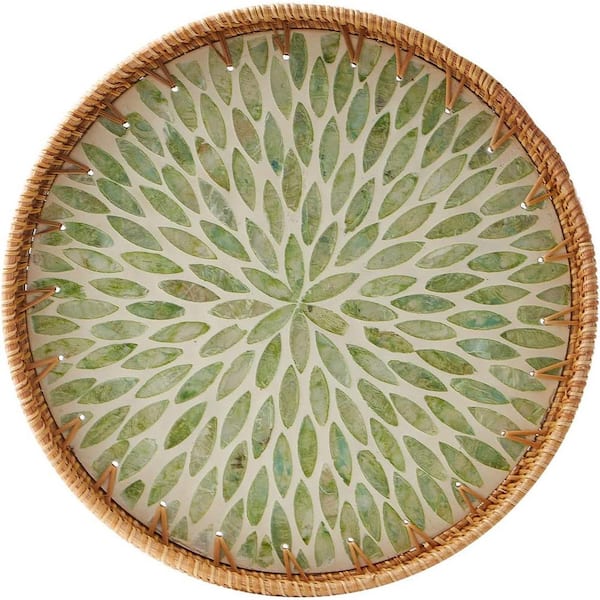 Unbranded 11.8 in. Green Leaf Round Rattan Decorative Tray with Wooden Base (1-Pack)