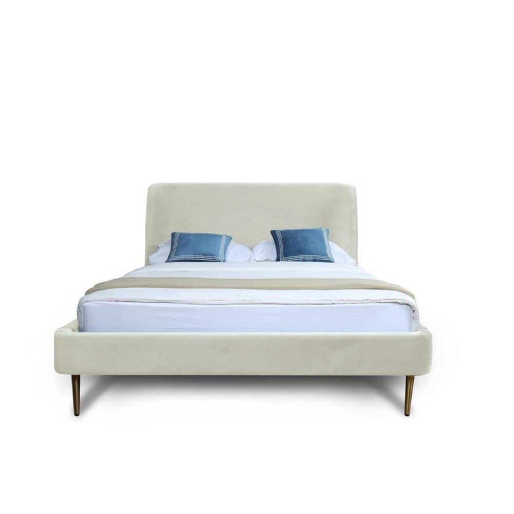 Cream Velvet Upholstered Full Bed with Gold Legs