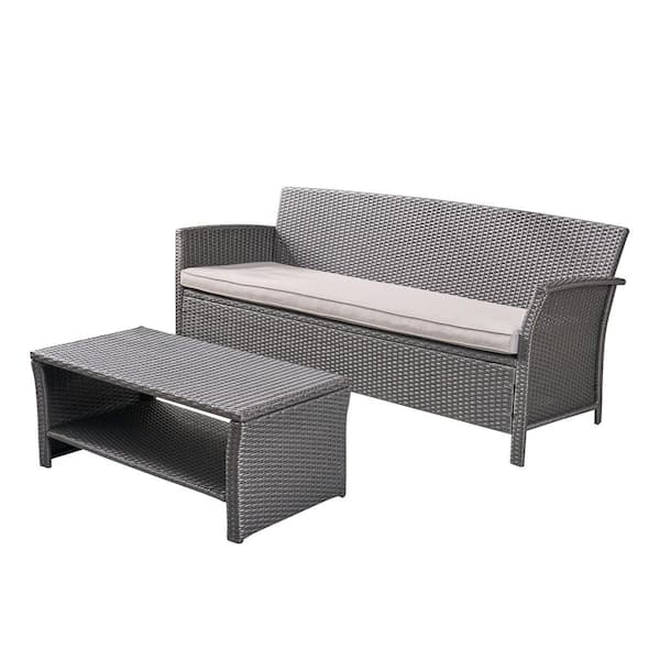 St. Lucia Grey 2-Piece Faux Rattan Patio Conversation Set with Silver Cushions