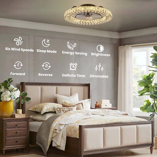 22 in. LED Smart Indoor Black Flush Mount Fandelier Low Profile Crystal Chandelier Ceiling Fan with Remote Control