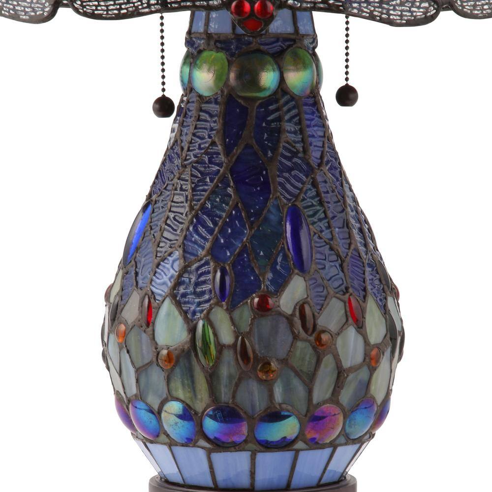 Antique Brass Blue Stained Glass Dragonfly Table Lamp Set