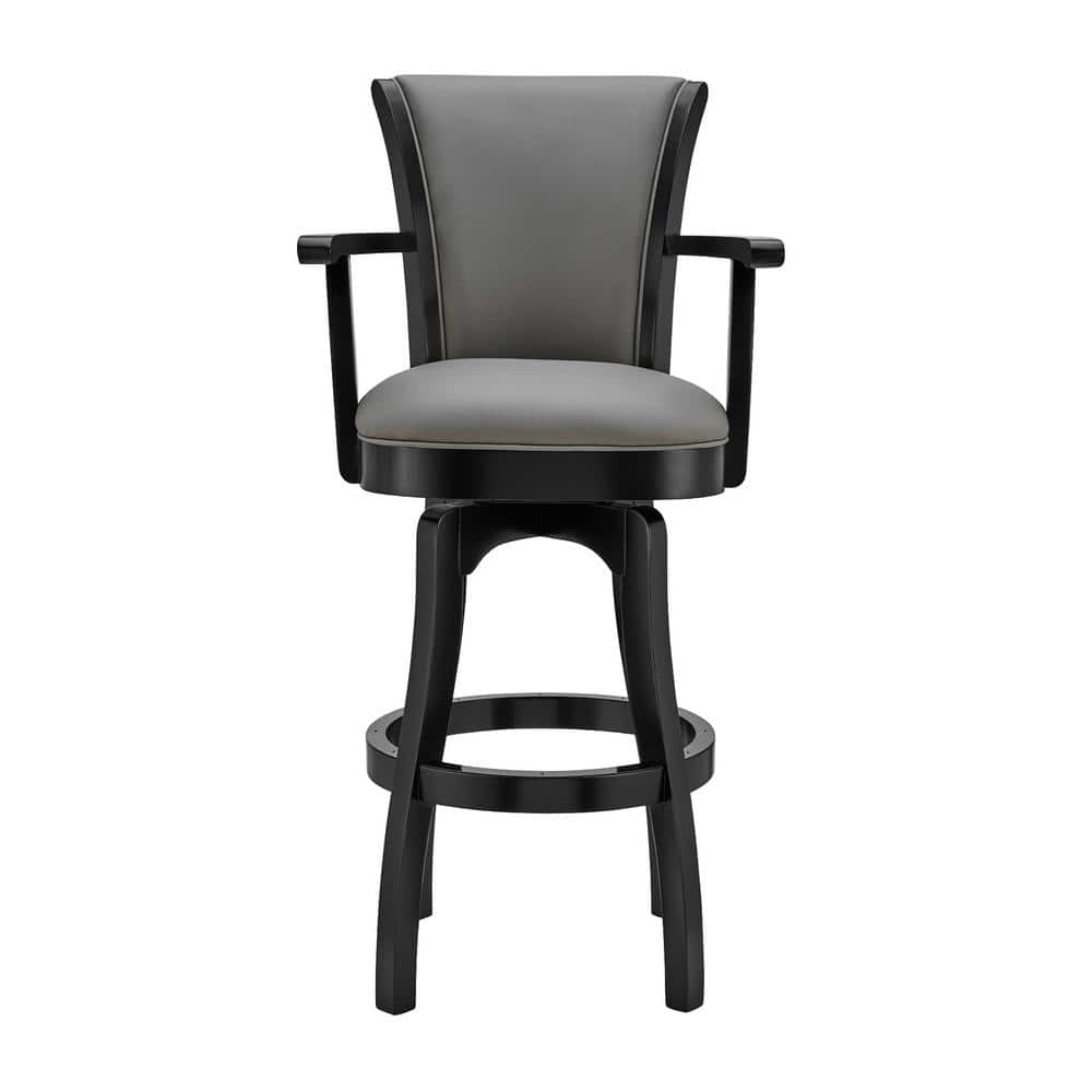 Raleigh 26" Gray Faux Leather Swivel Barstool with Black Wood Frame