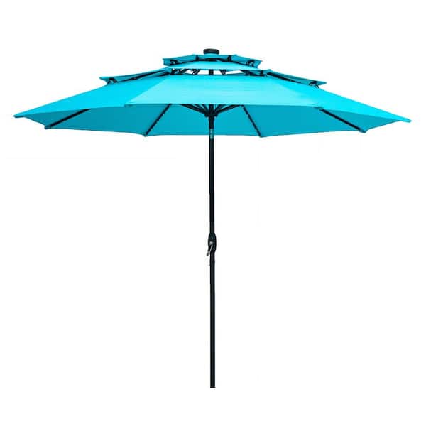 OVASTLKUY 10 ft. 3-Tier Market Outdoor Patio Umbrella with Solar LED Lighted in Blue