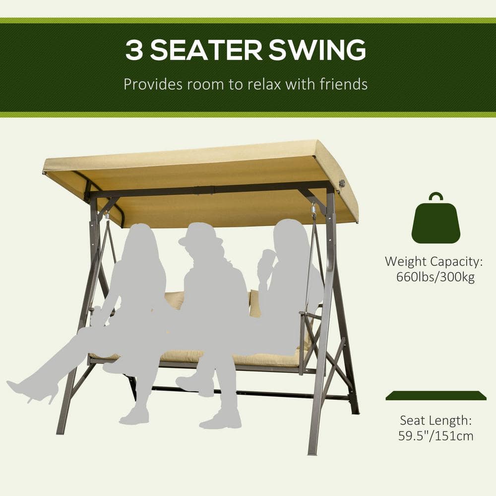 Khaki Cushioned 3-Person Brown Steel Patio Swing with Adjustable Canopy