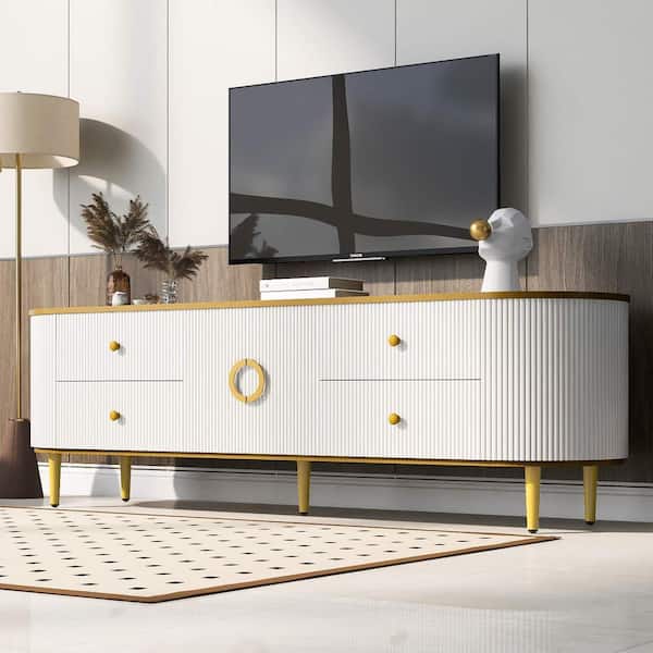 Polibi Modern White TV Stand Fits TV's Up to 80 in. with 4 Drawers and 1 Cabinet