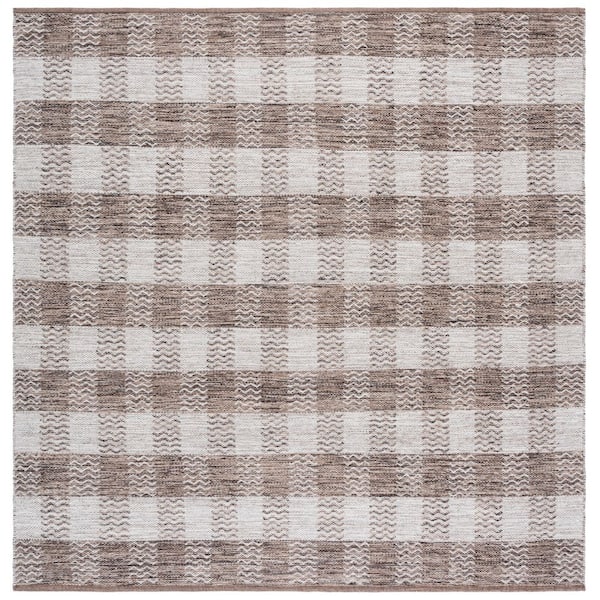 Kilim 8 ft. x 8 ft. Square Light Gray/Brown Plaid Area Rug