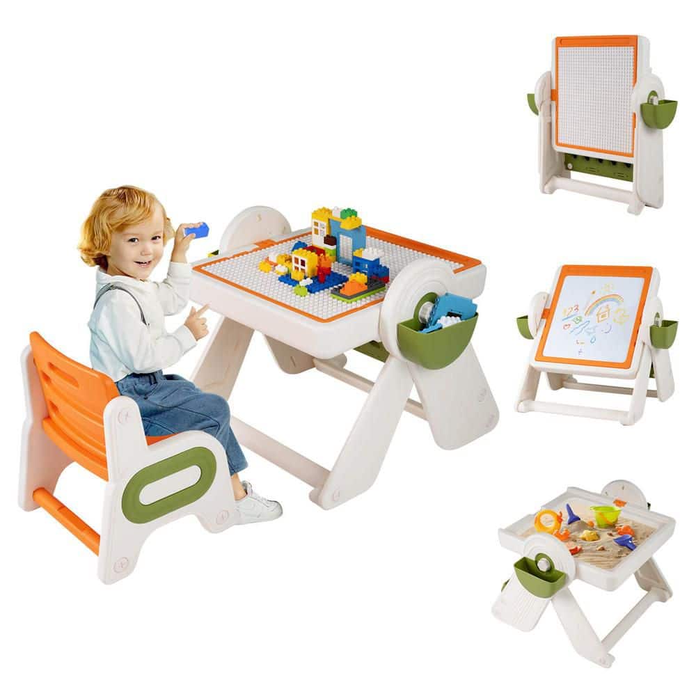 2-Piece Rectangle Plastic Top Orange Multi-activity Children Table & Chair Set with Pen Slot, Storage Baskets