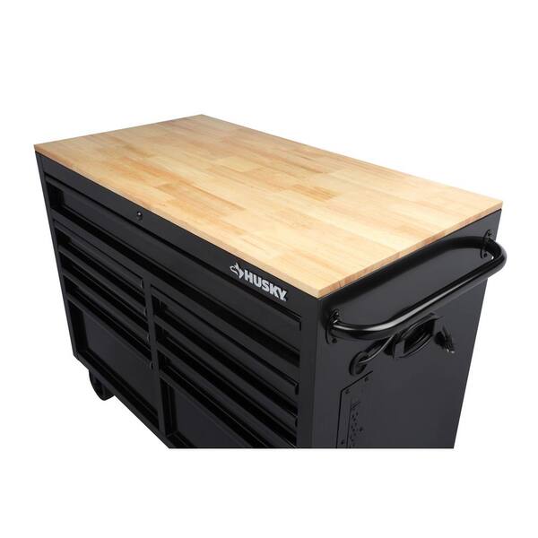 46 in. W x 24.5 in. D Standard Duty 9-Drawer Mobile Workbench Tool Chest with Solid Wood Top in All Black Gloss