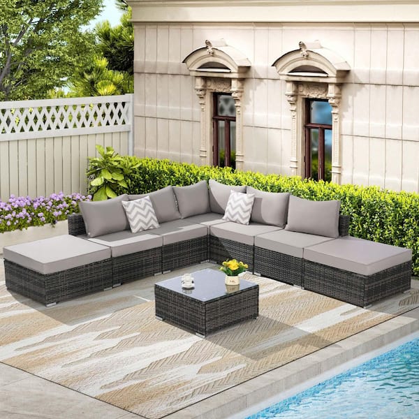 Zeus & Ruta 8-Piece Gray Wicker Half-Moon Outdoor Sectional Sofa Set with Beige Cushions and 1 Glass Square Coffee Table