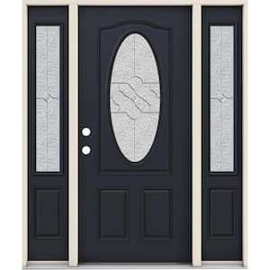 36 in. x 80 in. 3/4 Oval Brevard Decorative Glass Black Steel Prehung Front Door w/Sidelites