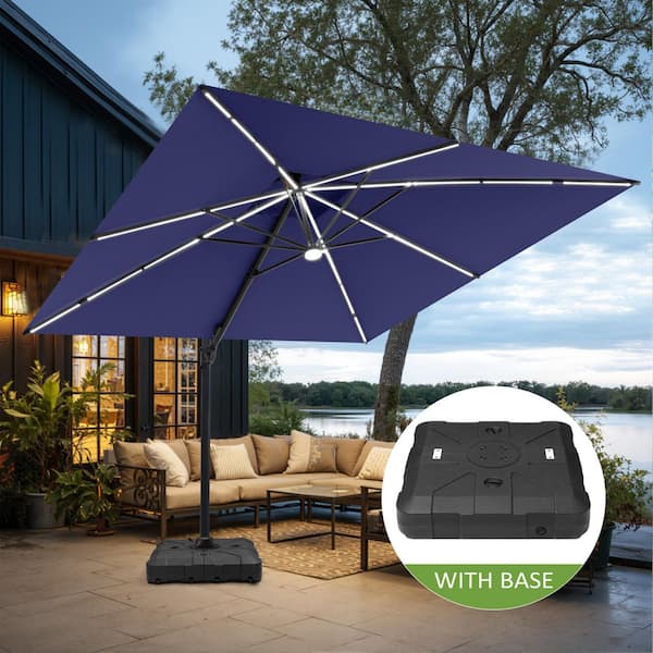 Pellebant 11 ft. Square Solar LED Patio Umbrella Outdoor Heavy-Duty 360 Swivel Cantilever Offset Umbrella in Navy Blue with Base Pellebant 11 ft. Square Solar LED Patio Umbrella Outdoor Heavy-Duty 360 Swivel Cantilever Offset Umbrella in Navy Blue with Base
