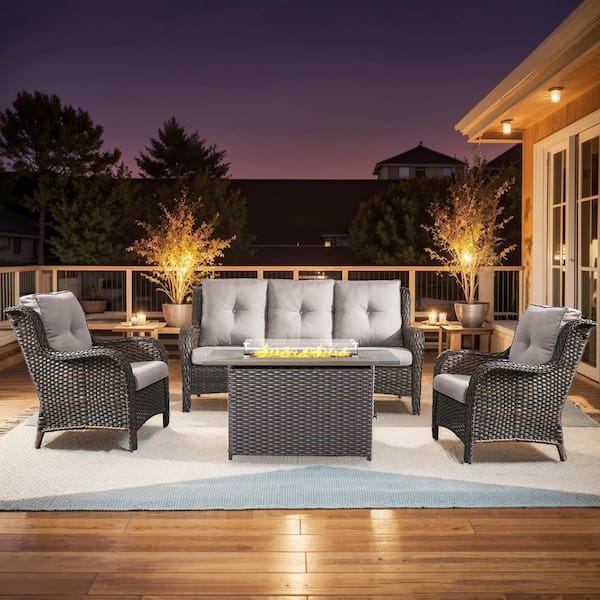 moosprr Arcline 4-Piece Brown Wicker Fire Pit Conversation Set with Olefin Beige Cushions and Lounge Chairs and Couch