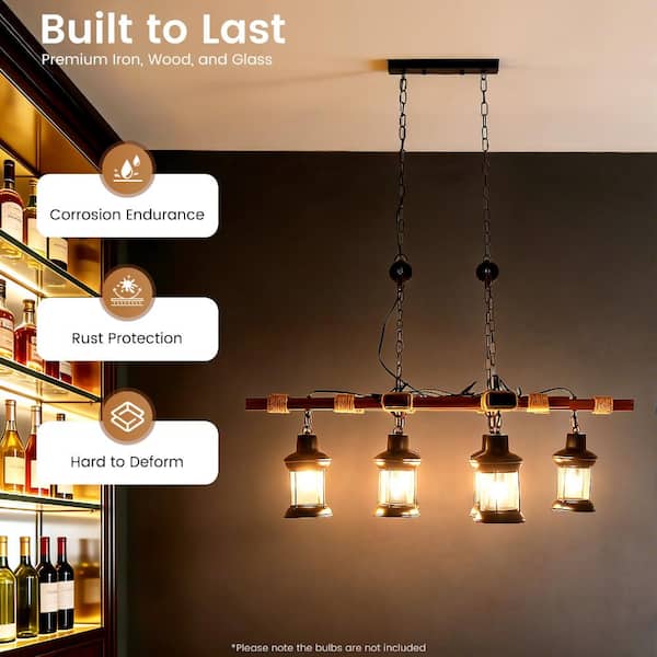OUKANING 39 in. 8-Light Vintage Industrial Brown Wooden Farmhouse