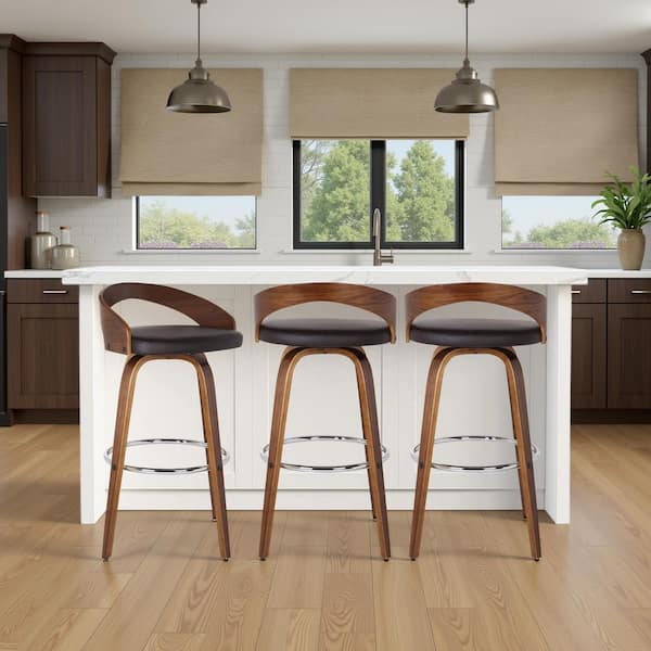 Sonia 31 in. H Brown Low Back Wood Bar Stool with Faux Leather Seat (Set of 3)