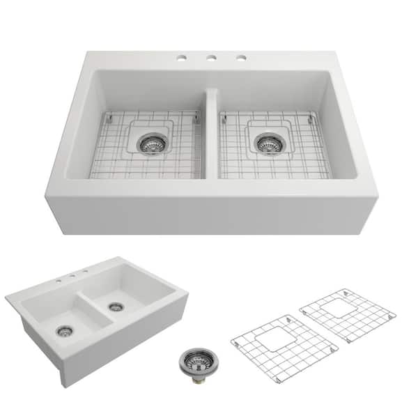 BOCCHI Nuova Matte White Fireclay 34 in. Double Bowl Drop-In Apron Front Kitchen Sink with Protective Grids and Strainers