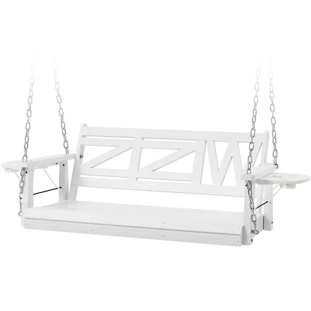 2-Person Wooden White Porch Swing with Hanging Chains and Upgraded Cupholde
