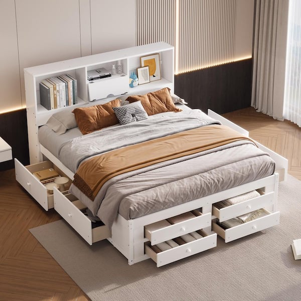 Titus White Wood Frame King Size Platform Bed with Storage Headboard and 8-Drawers