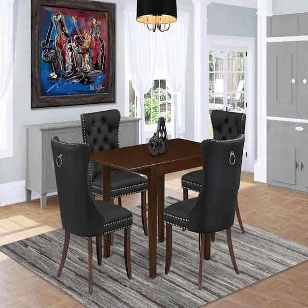 East West Furniture 5-Piece Mahogany Finish Solid Wood Top - Rectangular Upholstered Dining Room Set with Dropleaf - Seats 4