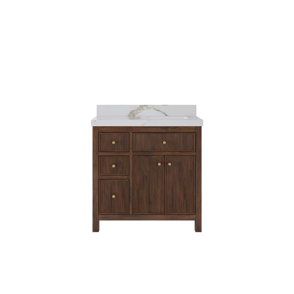 Sonoma Teak 36 in. Right Offset Sink Freestanding Dark Walnut Bath Vanity with Calcutta Gold Quartz Top Unassembled price history on PriceWatchPro