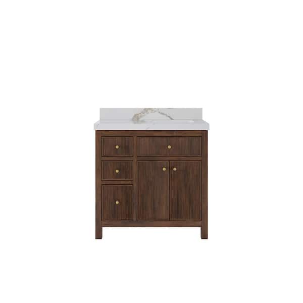 Willow Collections Sonoma Teak 36 in. Right Offset Sink Freestanding Dark Walnut Bath Vanity with Calcutta Gold Quartz Top Unassembled