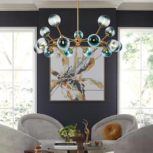 Antonelli 15-Light Brass Sputnik Atomic Chandelier Cluster Blue Glass Bubble Pendant Light for Living/Dining Room