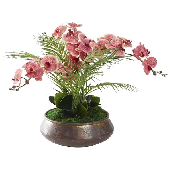 D&W Silks Indoor Artificial Phael Orchids In Aged Copper Bowl
