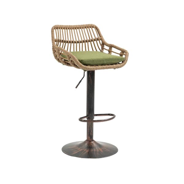 2-Piece Metal Adjustable Counter Height Outdoor Bar Stools with Green Cushions, Footrest