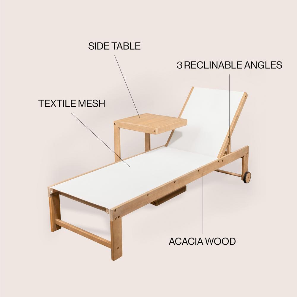 White and Light Teak Acacia Wood 3-Position Outdoor Chaise Lounge Set with Side Table