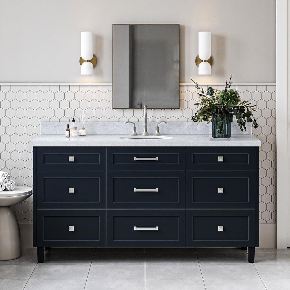 Monroe 66 in. Single Sink Freestanding Bathroom Vanity in Midnight Blue with Carrara White Marble Top price history on PriceWatchPro