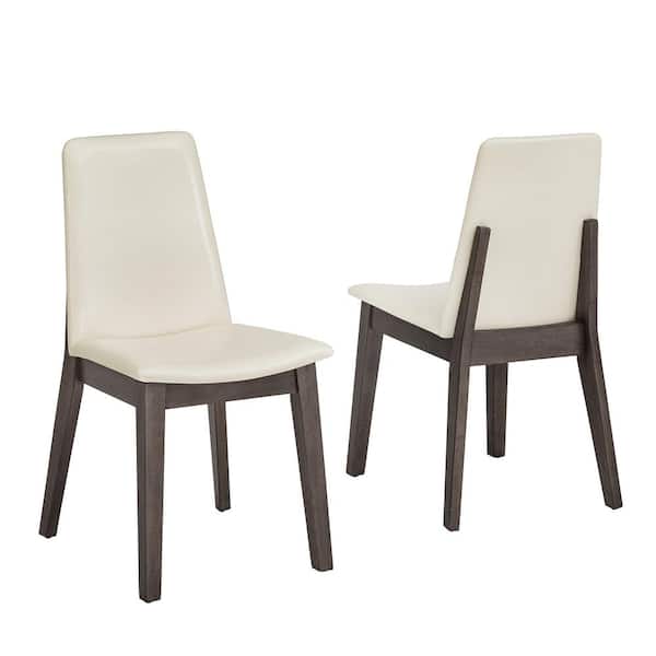 Gray Wood Finish White Vegan Leather Dining Chair (Set of 2)