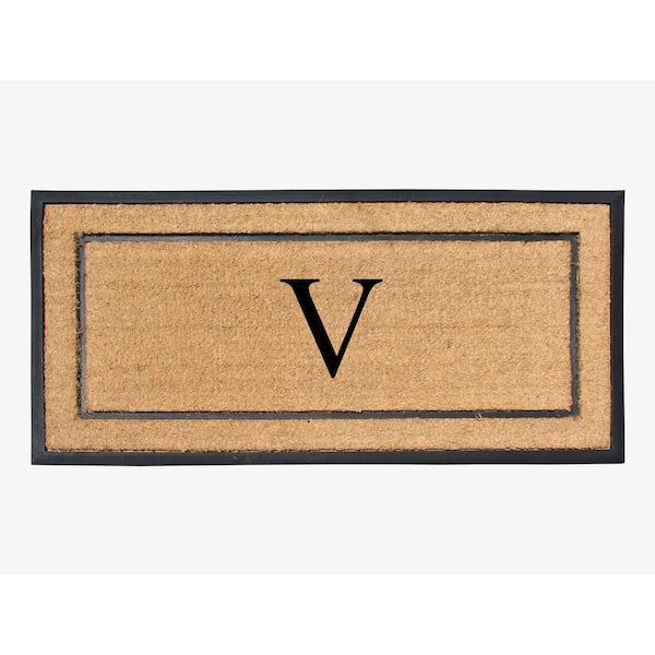 A1 Home Collections A1HC Heavy Duty Frame Molded Double Door Mat Black/Beige 24 in. x 48 in. Rubber and Coir Monogrammed V Door Mat