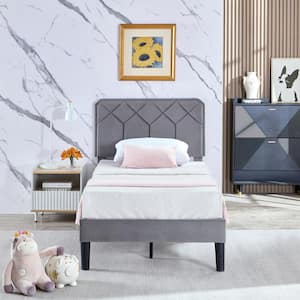 Bed Frame with Upholstered Headboard, Gray Metal Frame Twin Platform Bed with Strong Frame and Wooden Slats Support