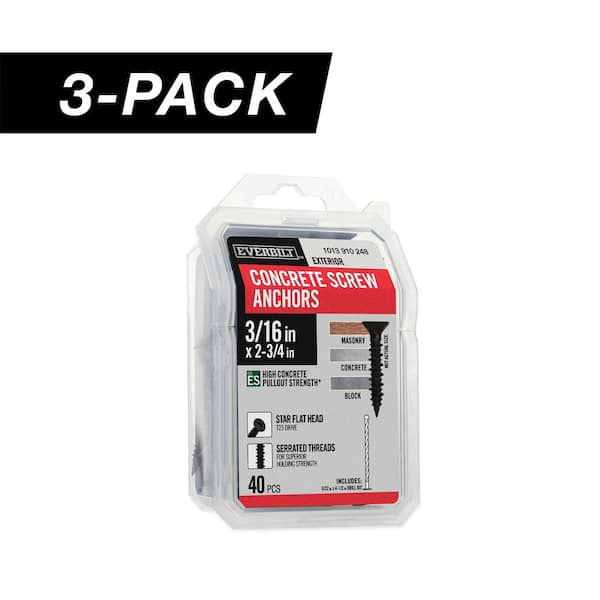 3-Pack 3/16 in. x 2-3/4 in. Star Flat-Head Concrete Screw Anchors Black (120-Pieces)