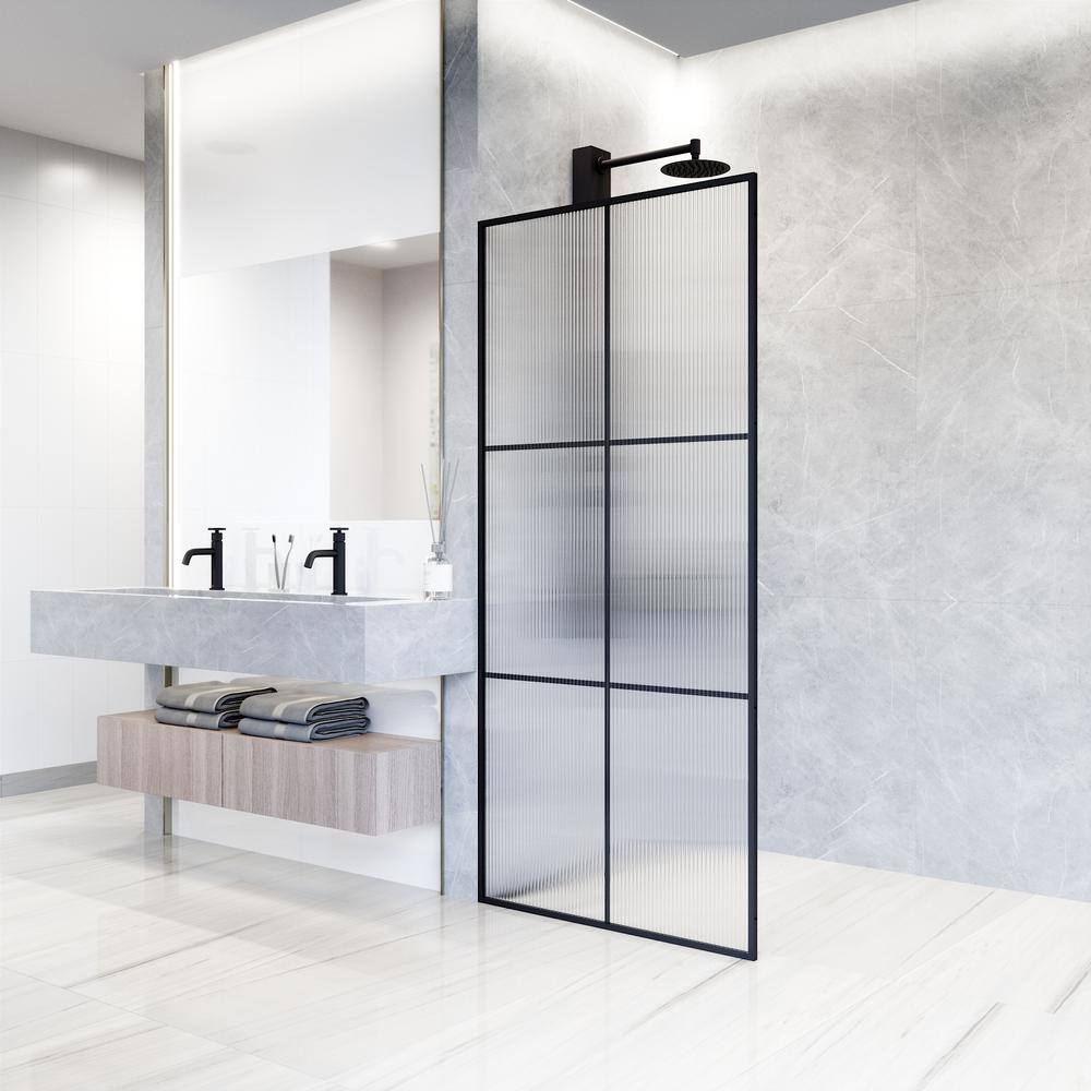 Ventana Matte Black 34" x 74" Framed Shower Screen with Fluted Glass