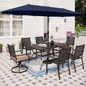 Black 8-Piece Metal Patio Outdoor Dining Set with Navy Umbrella and Swivel Chairs with Beige Cushions