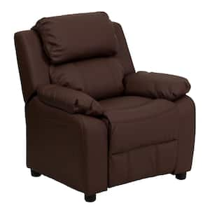 Deluxe Padded Contemporary Brown Leather Kids Recliner with Storage Arms