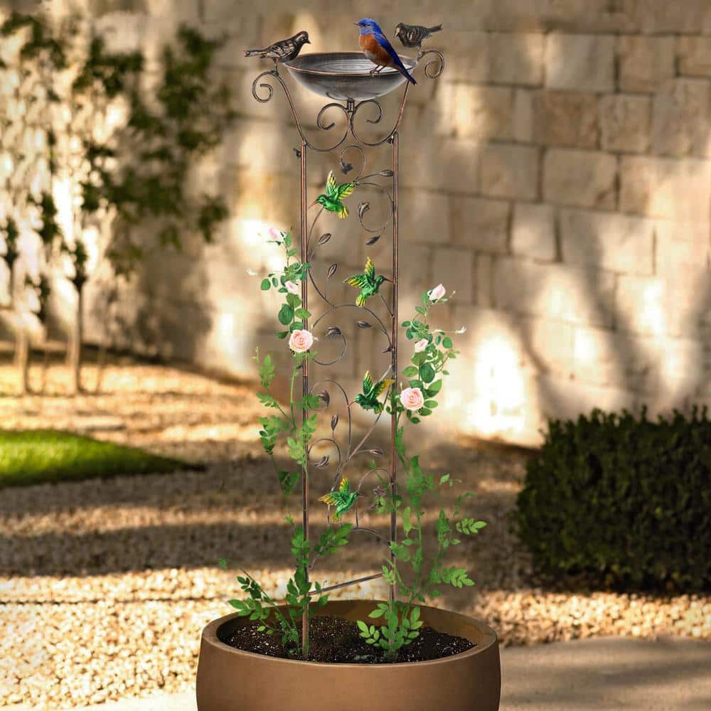 Elegant 40" Bronze Metal Garden Trellis with Bird Bath