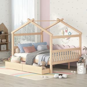 Natural Full Size Wood House Bed, Kids Bed with 2 Drawers