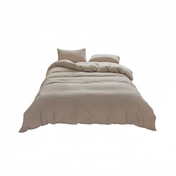 Tannish Linen Grey 3-Piece Duvet Cover Set ,100% Washed Cotton Duvet Cover Set, Linen-Like Texture, Queen Size