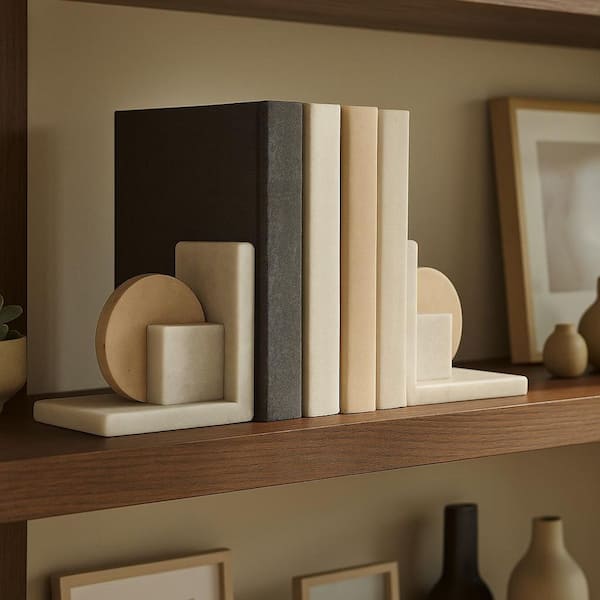 Liv & Skye White Travertine & Marble Geometric Bookends (Set of 2)