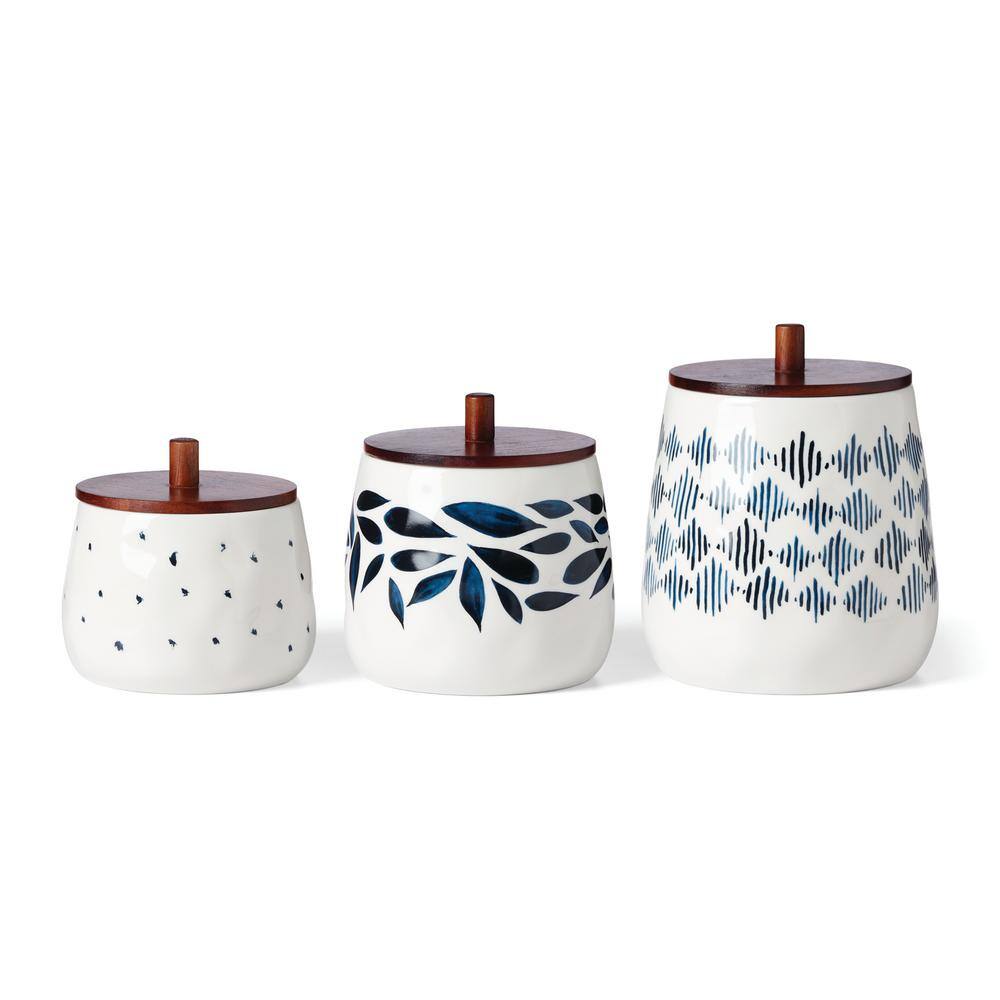 Blue and White Porcelain Canister Set with Wooden Lids