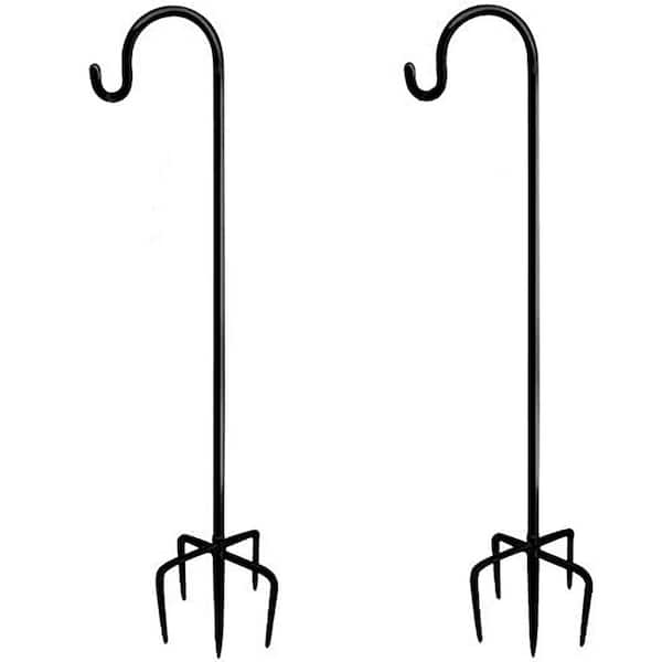 Adjustable 92 in. Matte Black Steel Outdoor Shepherd Hooks with 5-Prong Base for Garden Hanging Stand Holder (2-Pack)