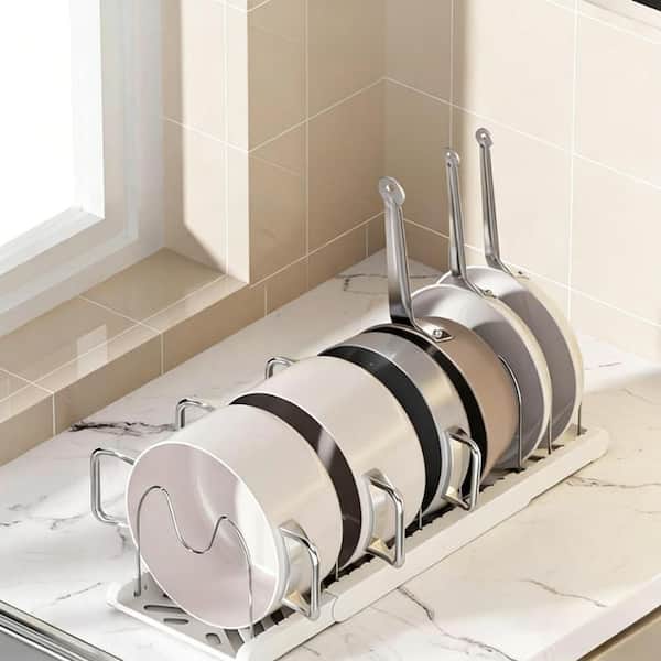 22 in. APricot Standing Expandable Pan Organizer Pot Rack with 7 Adjustable Compartment for Kitchen Cabinet Cookware