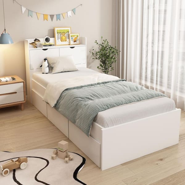 White Wood Twin Size Bed Storage Bed with 3-Wheels Drawers and Headboard