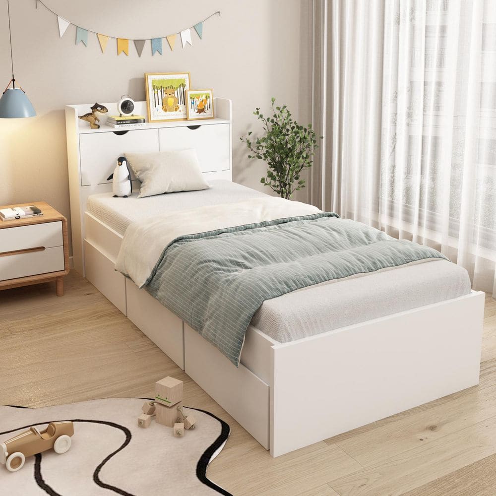 White Wood Frame Twin Bed Platform Bed Storage Bed with 3-Wheels Drawers and Headboard - thumbnail 2