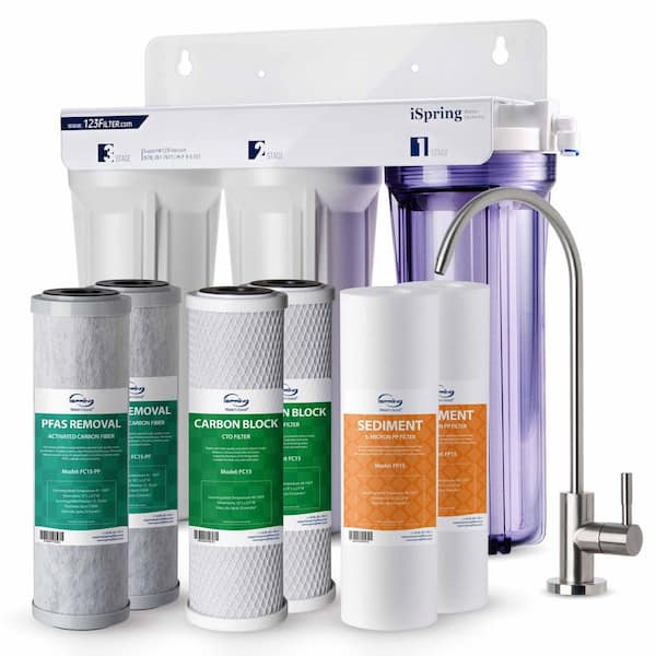 ISPRING 3-Stage Under Sink Tankless Water Filtration System, SGS-Tested PFAS Reduction, w/ Extra Filter Set