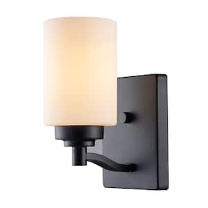Mod Pod 4.5 in. 1-Light Black Wall Sconce Light Fixture with Frosted Glass Cylinder Shade