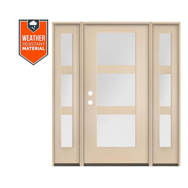 Krosswood Doors BRIGHTON Modern 64 in. x 79 in. 3-Lite Right-Hand/Inswing Satin Glass Unfinished Fiberglass Prehung Front Door with DSL