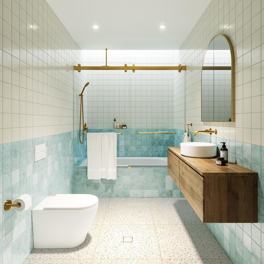 Polaris Frameless Satin Brass Sliding Bathtub Door 60 x 66 in.