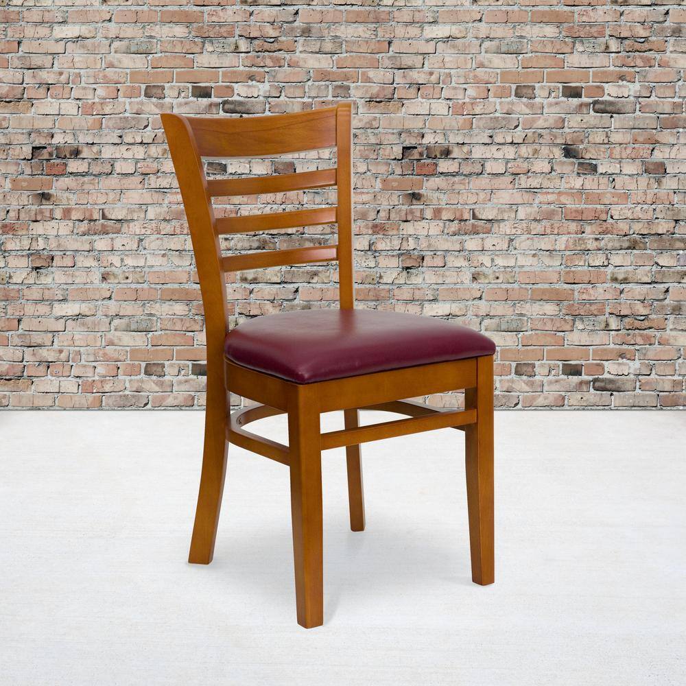 Cherry Wood Ladder Back Chair with Burgundy Vinyl Seat